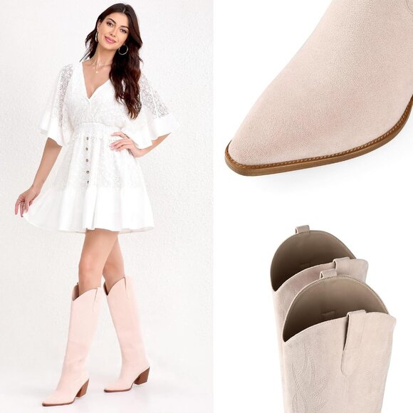 Women Pink Knee High Pointed Toe Block Heel Cowboy Western Embroidered Boots - Picture 2 of 5